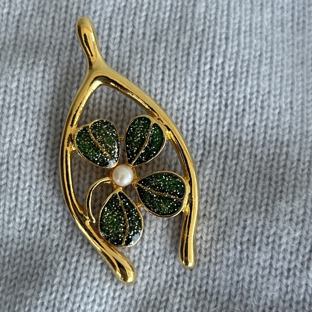Vtg JJ‎ Jonette Jewelry Four Leaf Good Luck Clover Shamrock Brooch Pin Enameled
